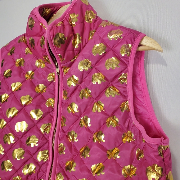 Simply Southern Pink Puffer Vest with Gold Elephant Pattern Size Medium - Picture 2 of 16